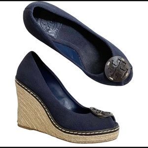 Tory Burch Logo Peep Toe Wedge Espadrilles